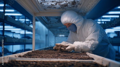 Worker investigates soil sample in laboratory setting focused on research and analysis