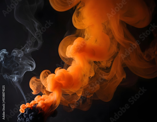 smoky background on the black, Studio show with orange  smoke on black background, modern style photoshoot background, product photoshoot with presentation and with copy space
