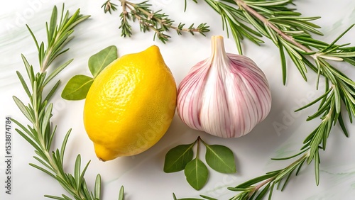 Fresh lemon, garlic, and herbs including rosemary and bay leaves on a white surface