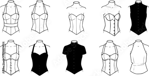 Fashion figure ten heads design template croquis wearing bodice
