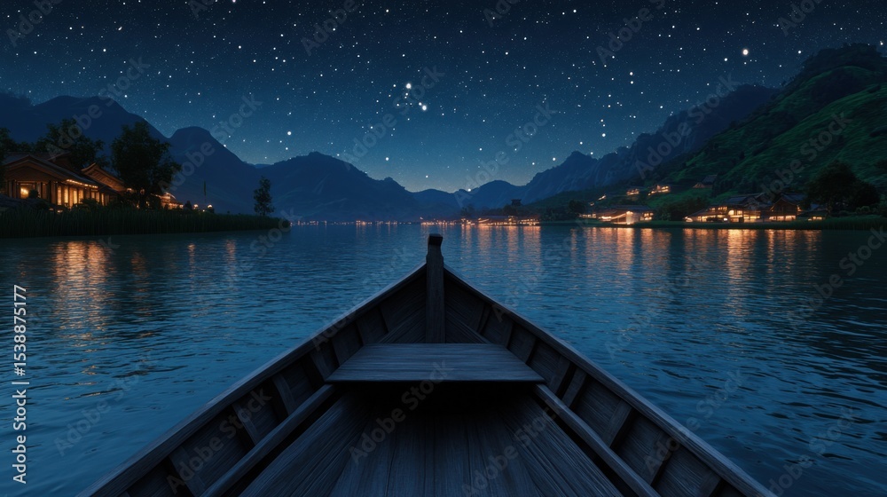 Obraz premium Ancient China during the Tang Dynasty, On the river, Bow view, A wooden boat moves slowly, Both sides of the strait are green hills 