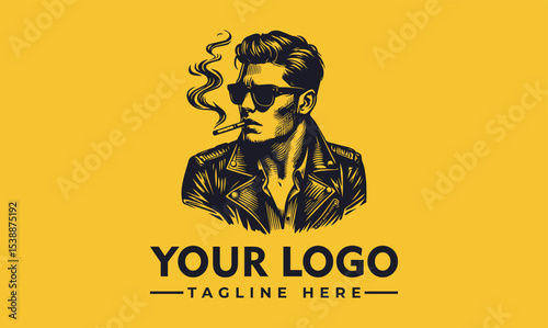 Stylish retro man, sunglasses, leather jacket, smoking cigarette, logo design.