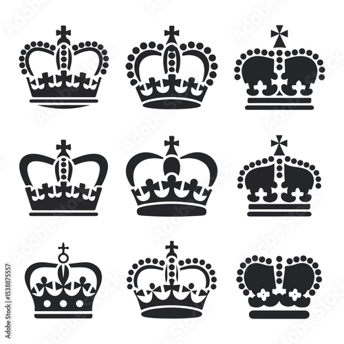 A Collection of Nine Distinct Crown Silhouettes Royal Symbols of Power and Authority Expressing Regal Heritage and Nobility Through Simple Yet Elegant Designs