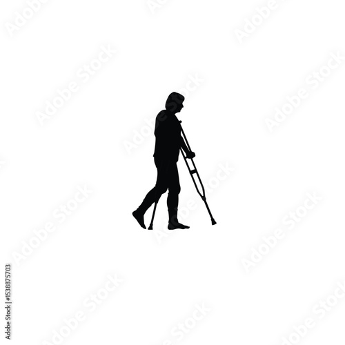 person walking with crutches silhouette on white background