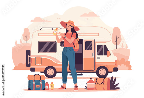 Young woman applying sunscreen near campervan before road trip