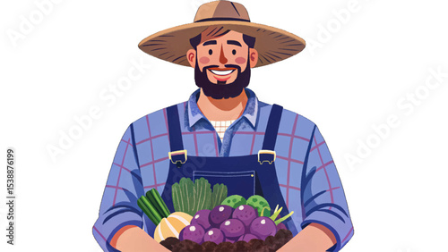 organic farmer smiling while standing proudly in isolated background, symbolizing sustainable agriculture, healthy food, eco-friendly farming, and rural lifestyle