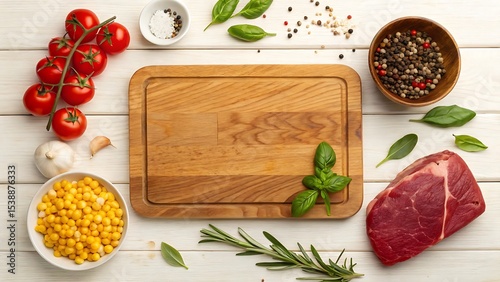 Fresh ingredients for a BBQ or grilled dinner with steak, corn, tomatoes, and herbs on a wooden cutting board