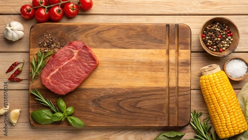 Fresh ingredients for a BBQ or grilled dinner with steak, corn, tomatoes, and herbs on a wooden cutting board