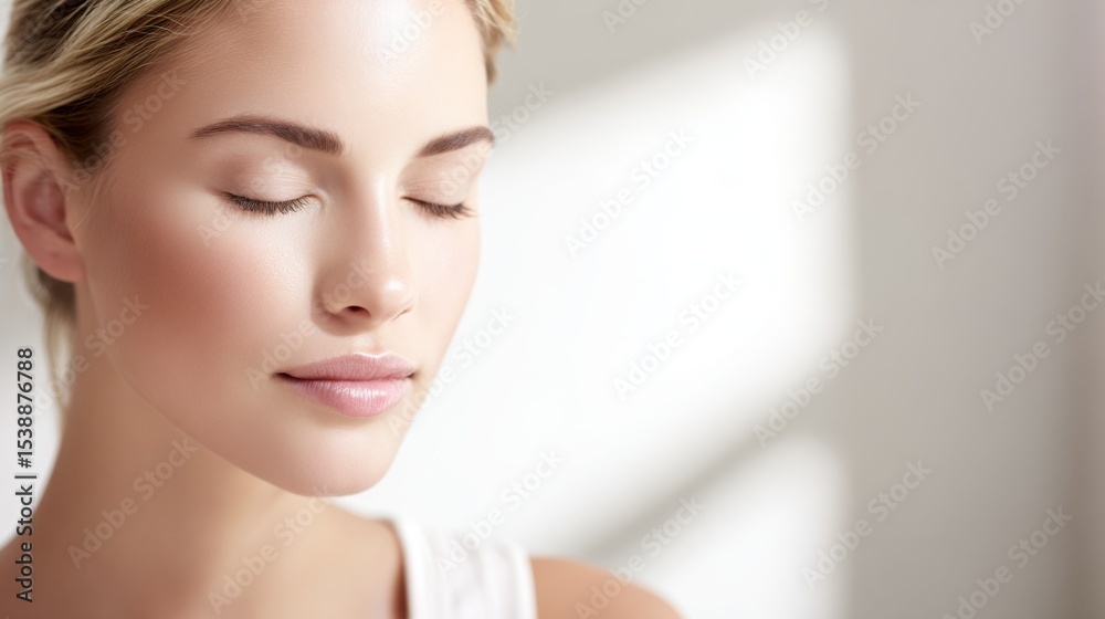 Fototapeta premium Close-up portrait of a serene woman with eyes gently closed, light-colored hair pulled back, smooth moisturized skin, neatly shaped eyebrows, slightly parted lips, wearing a white sleeveless top, 