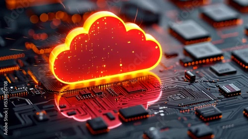 Glowing cloud icon on a circuit board