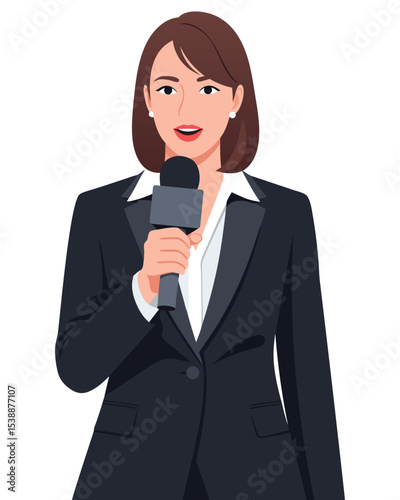 Confident Female Reporter Delivering News with Microphone in Professional Attire for Broadcasting and Communication Concept