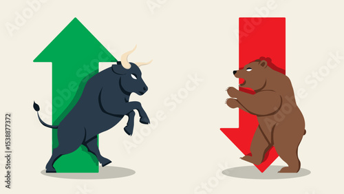 abstract background of flat vector stock market arrow red and green with bull and bear character