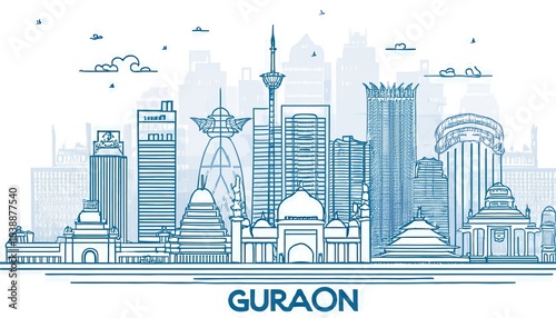 Detailed Blue Line Art of Guraon City Skyline, Urban Landscape Vector Illustration, Modern Cityscape Architecture, Business and Travel Concepts, Minimalist Design