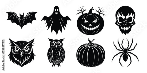 halloween vector element silhouette set, spooky black icon bundle on white background