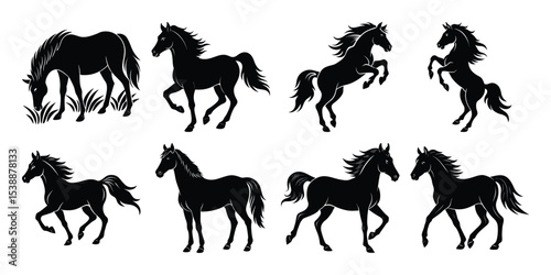horse vector silhouette collection set, wild horse black silhouette bundle on white background