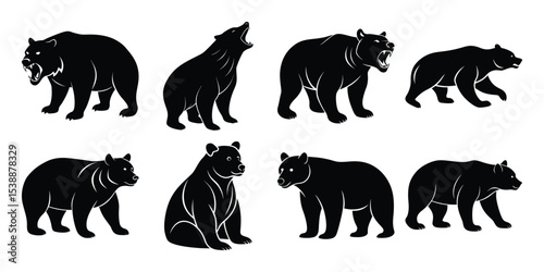 vector bear silhouette set, wild animal black silhouette collection on white background

