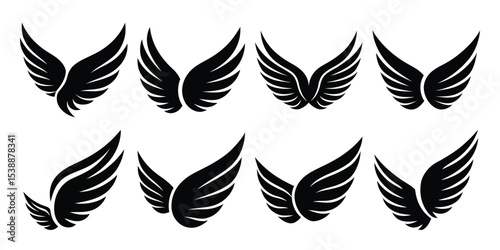 vector black wing icon set, minimalist wing symbol collection on white background

