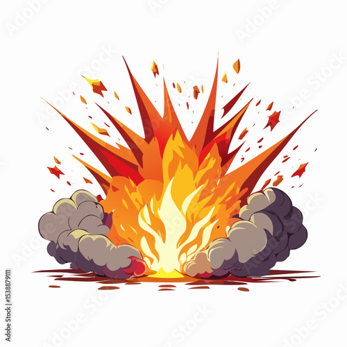 Bold vector illustration of a fiery explosion with smoke and sharp orange flames.