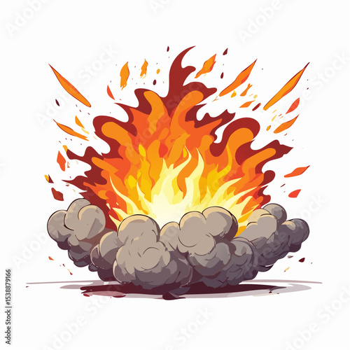 Cartoon illustration of a powerful explosion with flames and billowing smoke on white
