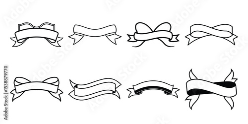 Vintage ribbon line art collection on white background, line art ribbon set