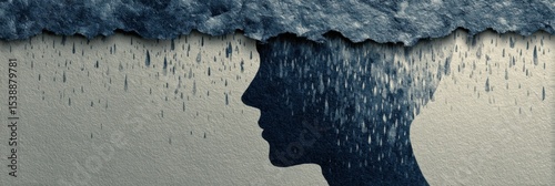 Silhouette of a Person With Torn Thoughts Raining Down, Conveying Emotional Turmoil and Deep Reflection Amidst a Blank Backdrop