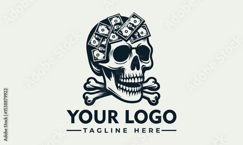 Skull with money on its head and crossbones below, stylized graphic.