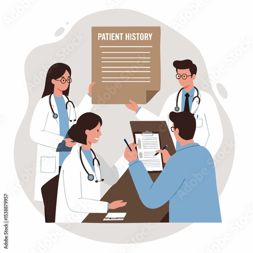 Medical team discussion: A gathering of medical professionals, dressed in crisp white coats, engaged in focused discussion of patient health history and medical records.
