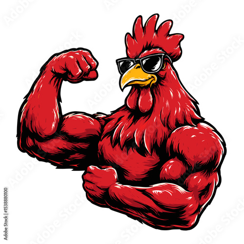 Muscular cartoon chicken flexing with sunglasses