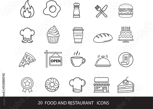 Simple Black Line Art Food, Drink and restaurant Icons Set in a transparent background