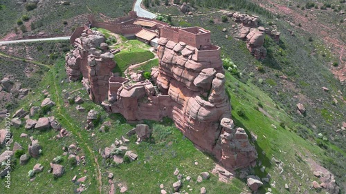 Castillo de Peracense 15 sec rising aerial shot of  this ancient moorish castle in Aragon, Spain on the southern end of the Sierra Menera mountain range