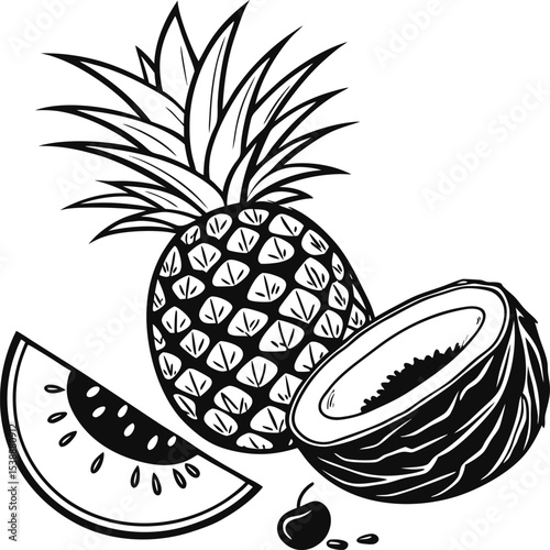 Here's a single sentence for describing an image featuring pineapple and strawberries, using words from your provided list:

A vibrant illustration of fresh, juicy pineapple and ripe strawberries, emb