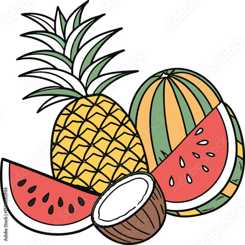 A vibrant set of fresh, sweet tropical fruits including watermelon, pineapple, and apple, isolated on white