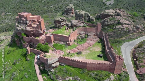 Castillo de Peracense, Aragon Spain. Aerial fly-through shot of the internal layout of this ancient Moorish castle on the southern end of the Sierra Menera mountain range