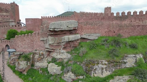 Castillo de Peracense,, Aragon Spain. Drone fly-through shot of this ancient Moorish castle on the southern end of the Sierra Menera mountain range