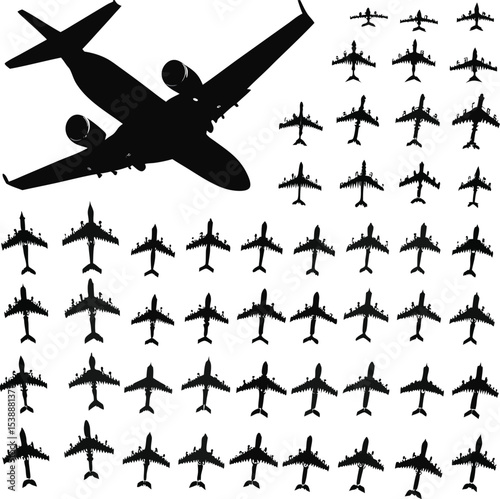 A collection of plane silhouettes showcasing modern aviation design and aerial transportation in black and white abstract art