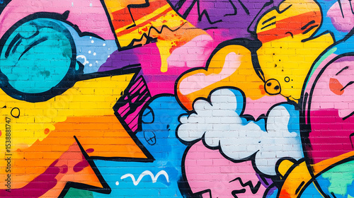A colorful mural on an urban wall with graffiti elements and pop art influence.
