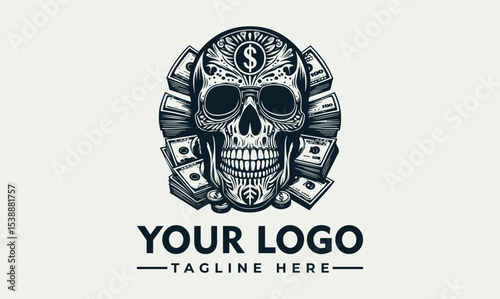 Ornate sugar skull logo surrounded by stacks of money, representing wealth and possibly mortality.