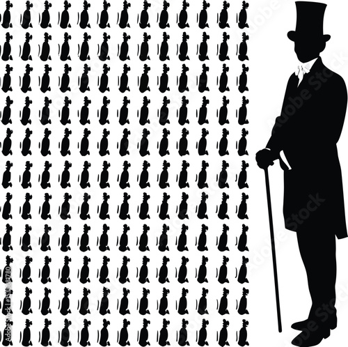 A stylish gentleman in silhouette accompanied by a pattern of black sitting dogs represents elegance and sophistication in a classy conceptual illustration