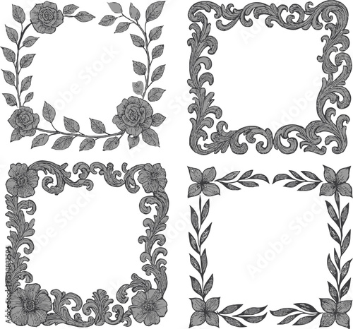 Set of vintage and decorative frames with ornate floral borders and stylish design elements