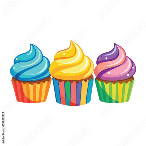 Three Colorful Swirl Icing Cupcakes Dessert Illustration