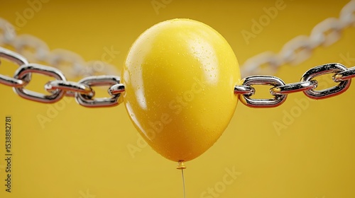 Visual representation of a yellow balloon held by steel chains against a bright yellow backdrop illustrating strength and fragility