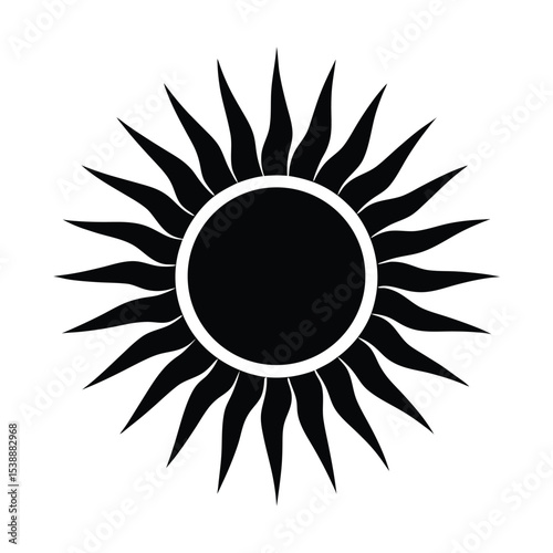 Tribal sun symbol with wavy rays, black celestial sun icon for logo design and branding, minimalist sun silhouette vector EPS, decorative sunburst element for summer graphics and tattoo art.