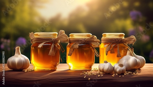 Golden Honey and Garlic Jars on a Wooden Table, Natural Remedies and Healthy Food Ingredients, Bokeh Background, Close-up.