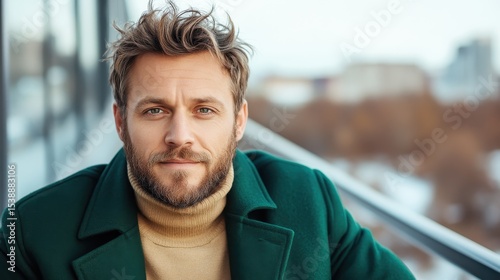 A portrait of a stylish man with a bright smile, conveying warmth and confidence against a blurred urban background in a casual yet fashionable setting. photo