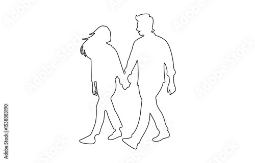 Young couple walking away. Woman wearing shorts and long jacket. Rear view. Continuous line drawing, Black linear sketch isolated on white background. Vector illustration.