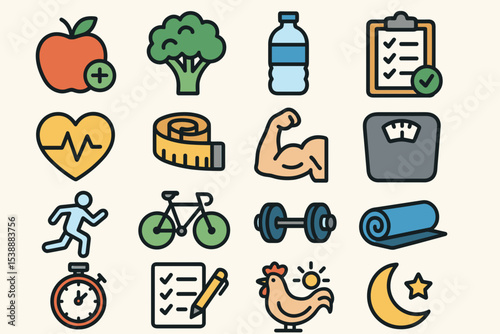 Healthy Lifestyle Icons Fitness, Nutrition & Wellness Symbols