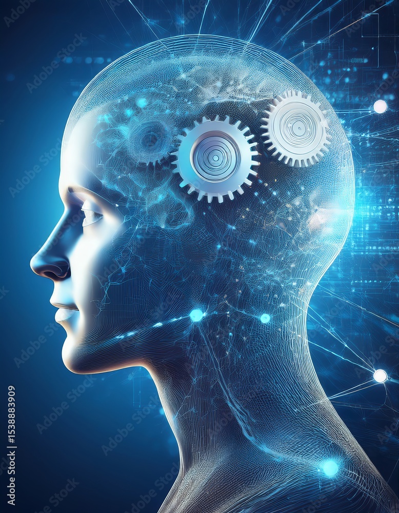 Obraz premium Digital Illustration of a Human Brain with AI Technology, Gears, Neural Networks, and Futuristic Concepts - Artificial Intelligence, Cognitive Thinking