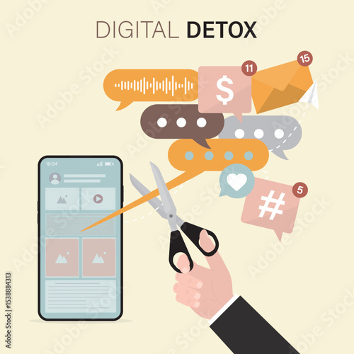 Mobile phone with social media. Digital addiction, cyber slavery. Human hand uses scissors and cuts social network speech bubbles and notifications. Digital detox