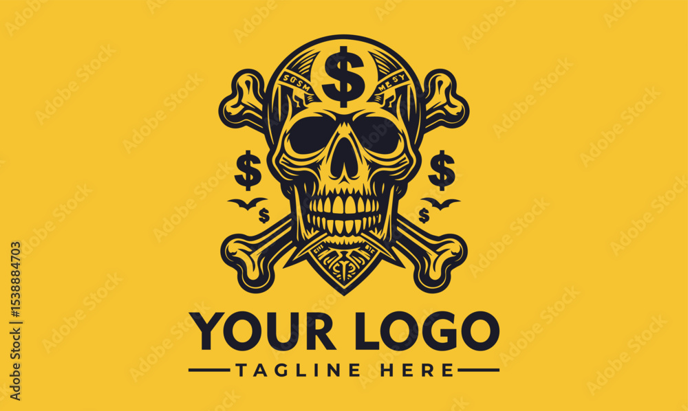 Fototapeta premium Skull and crossbones graphic with dollar signs on a yellow background, with space for a logo and tagline.