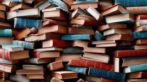 A vibrant collection of old books stacked haphazardly, showcasing the beauty and history of literature, with various colored spines and worn textures creating visual interest.